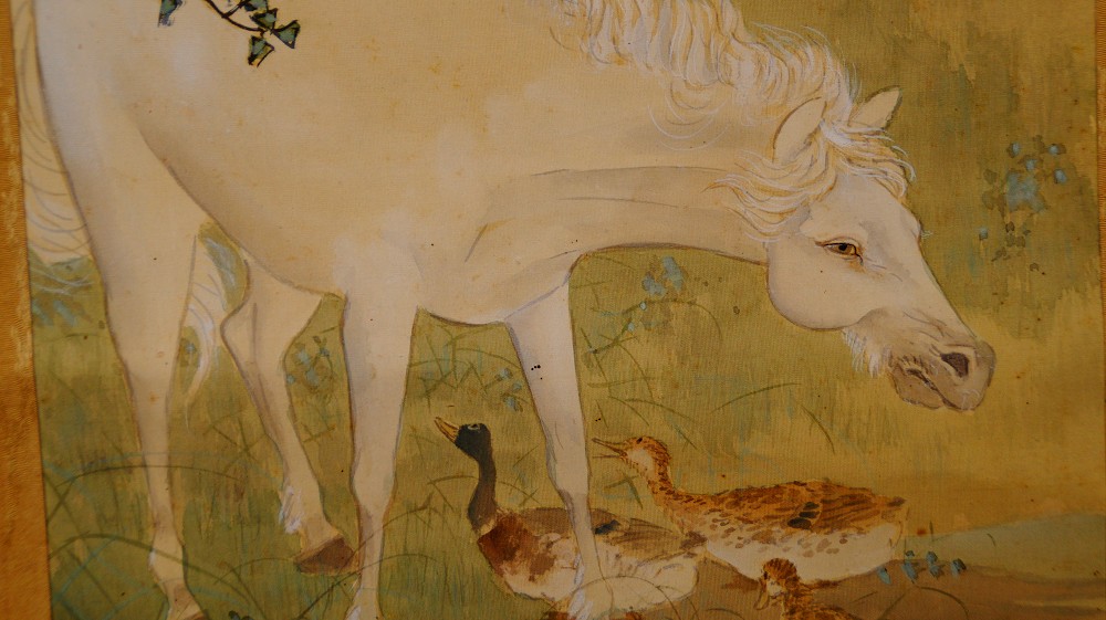 Close-Up of the Horse's Head Beneath Blossoming Branches on the Hanging Scroll by Sobun