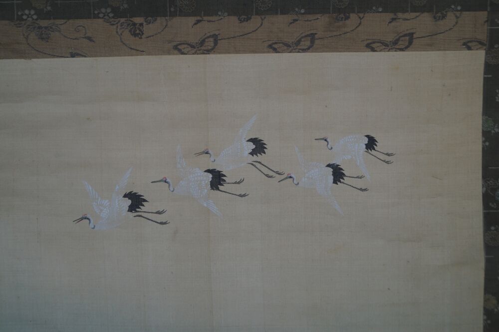 Another View of the Full Motif with Flying Cranes and Upper Mounting in the Kakemono Cranes in Flight over Bamboo, without Framing