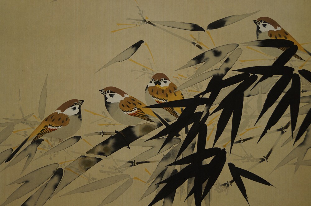 Group of sparrows on bamboo branches motif close-up 3