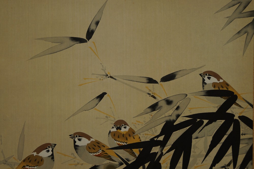 Group of Sparrows on Bamboo Branches Motif Close-Up 2
