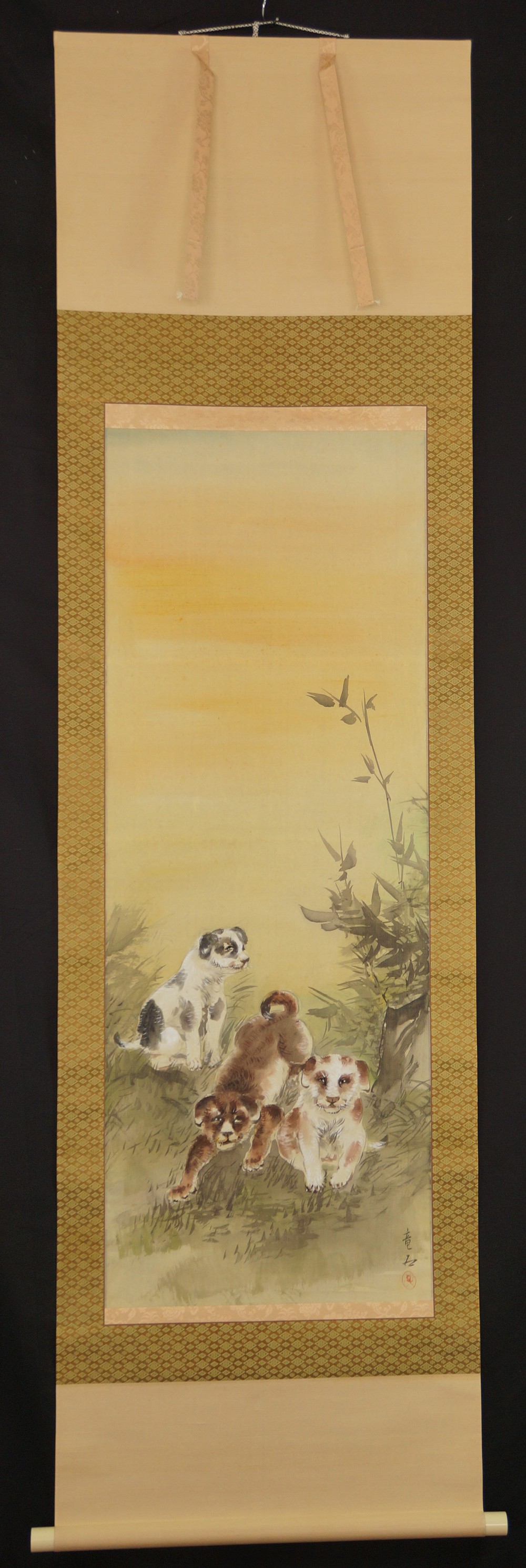 Three Puppies in the Grass by Ryuseki Full View of Hanging Scroll