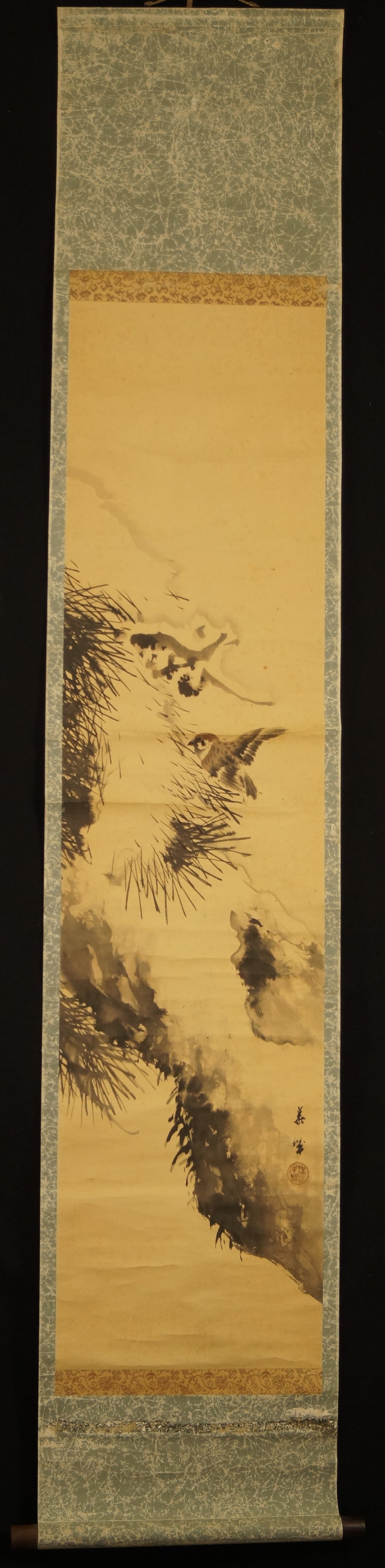 Sparrow on the Pine Full View Hanging Scroll