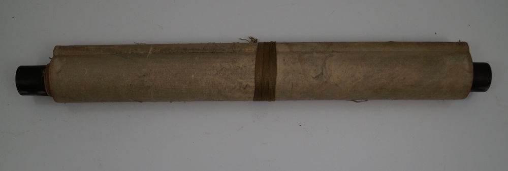 The pine and the gnarled plum tree hanging scroll rolled up