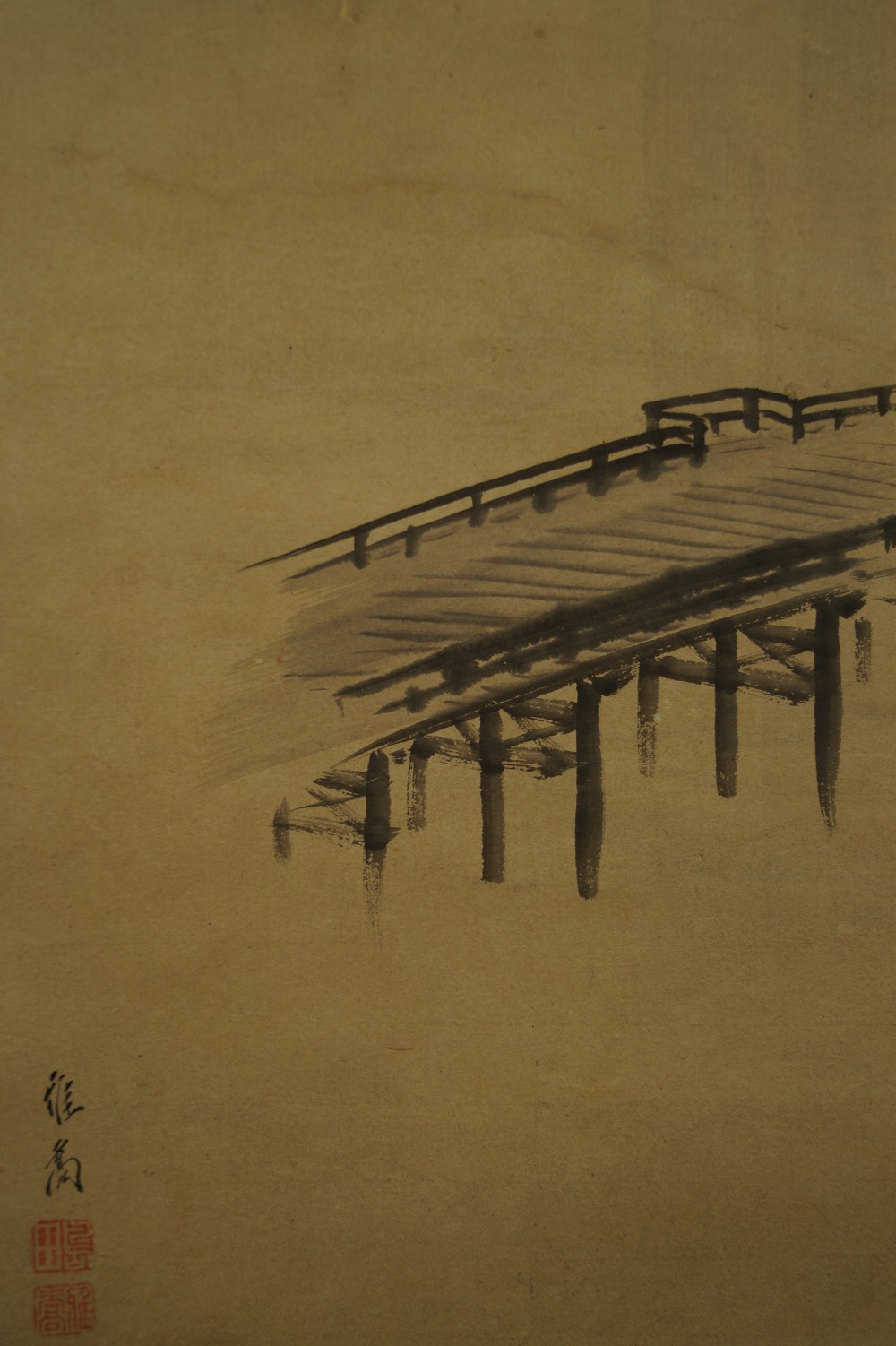 Japanisches Rollbild Set Vogel und Mondlandschaft Bruecke Motiv Nahaufnahme