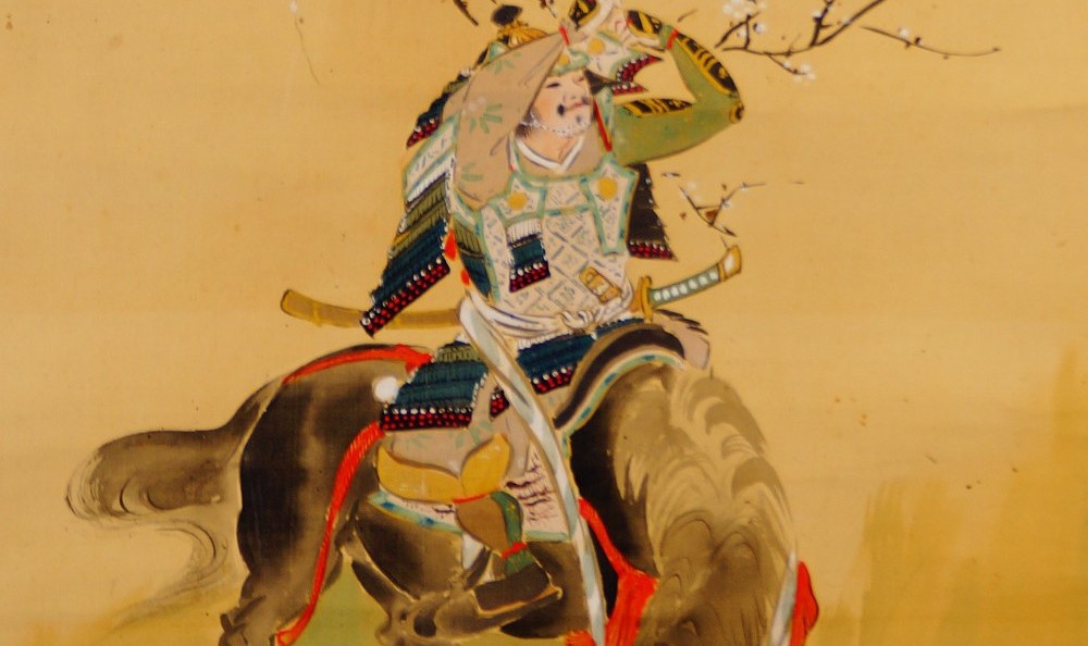 Kakemono by Ōtsuka Shunrei: samurai with horse, painted in color on silk.