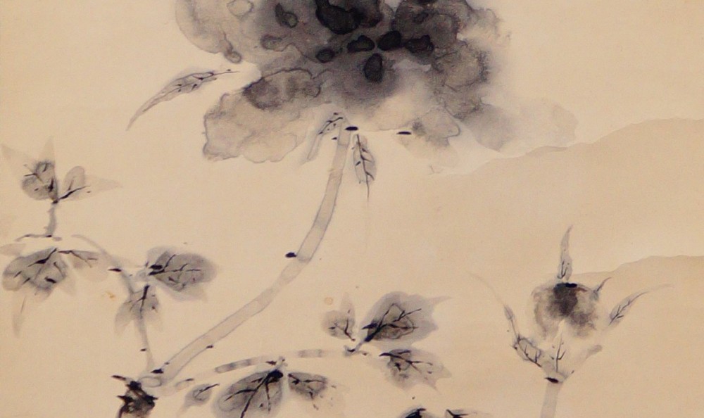 Kakemono by Tanaka Kakashi: open peony blossom, painted in ink.