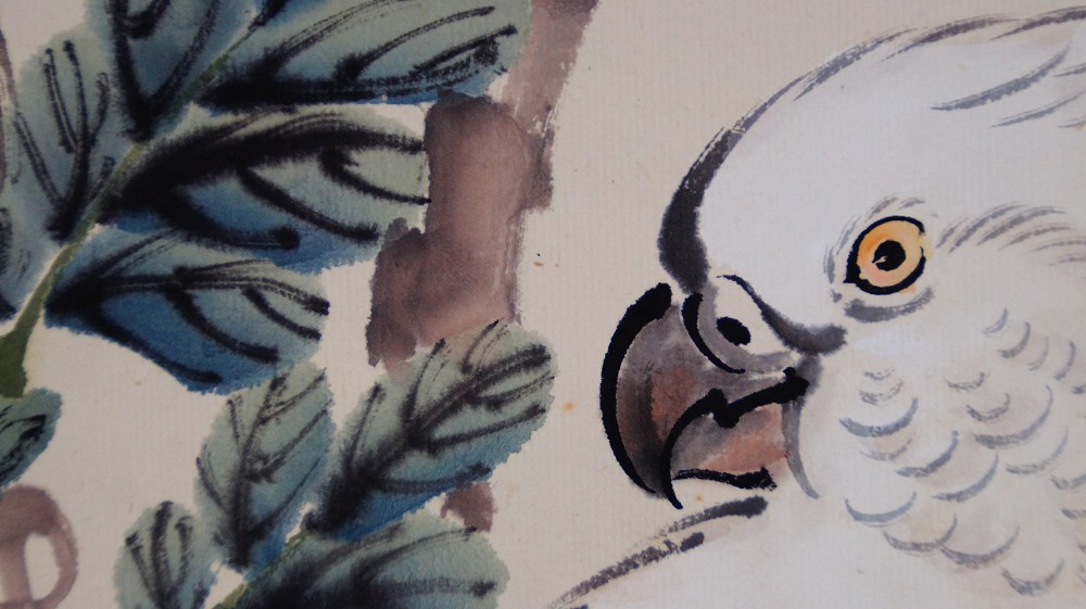 Cockatoo in Blooming Wisteria kakemono by Cho Ikkyu cockatoo motif close-up 3