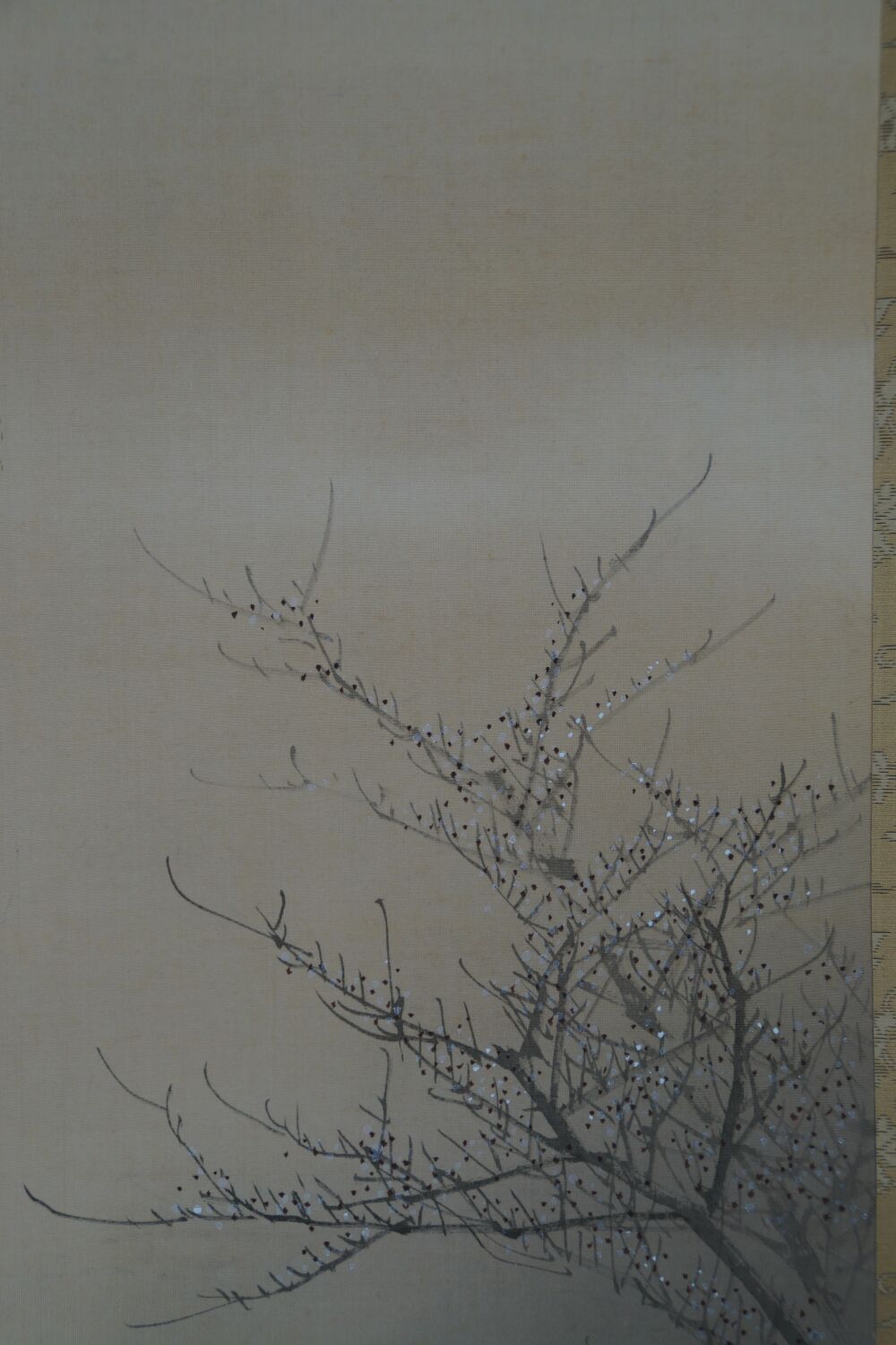 Close-up of the Blooming Plum Branches in the Kakemono Rooster and Plum Blossoms