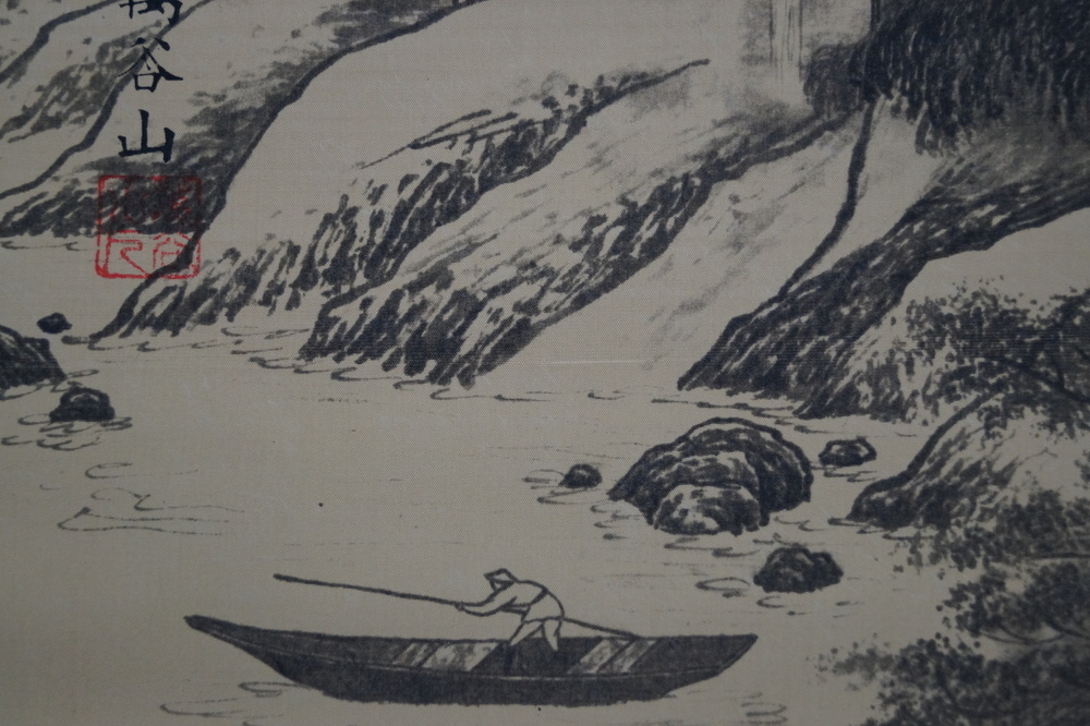 Landscape with water mill and waterfalls close-up of the fisherman in a boat on the river boat-fisherman motif close-up