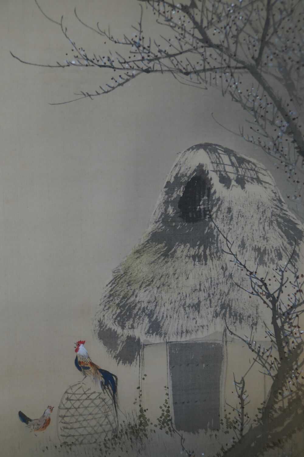 Further view of the full motif with plum branches, straw hut, and rooster in the Kakemono Rooster and Plum Blossoms, without mounting