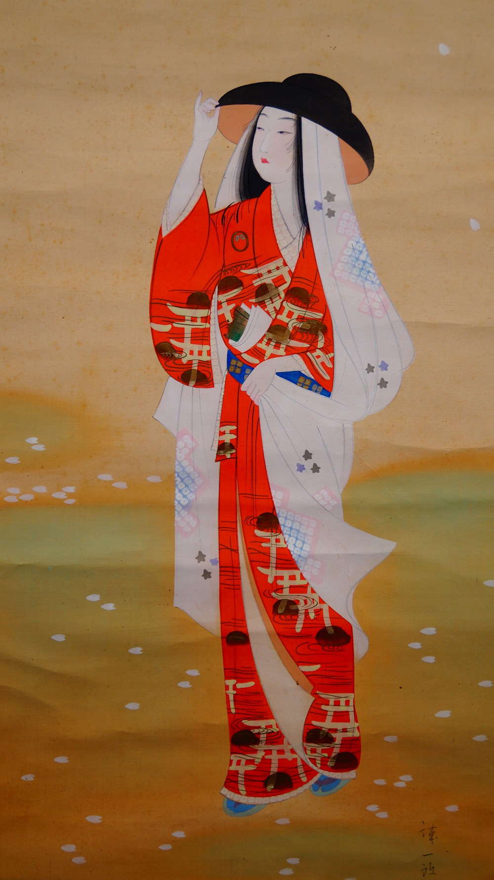 Under the Cherry Blossom Rain hanging scroll by Sokan kimono motif close-up