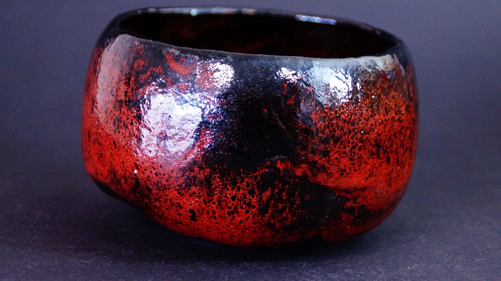 Chawan made of Kuro Raku ware by Shoraku Sasaki front view