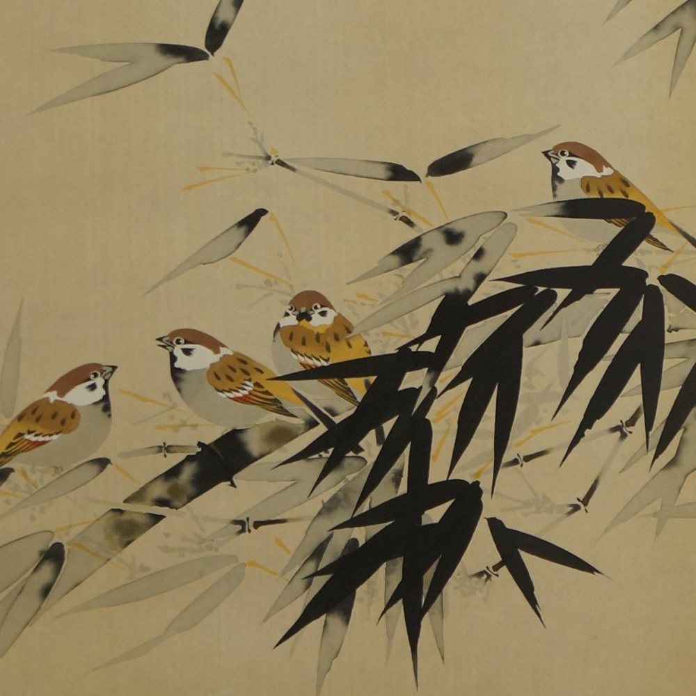 Sparrows on bamboo branch motif close-up preview