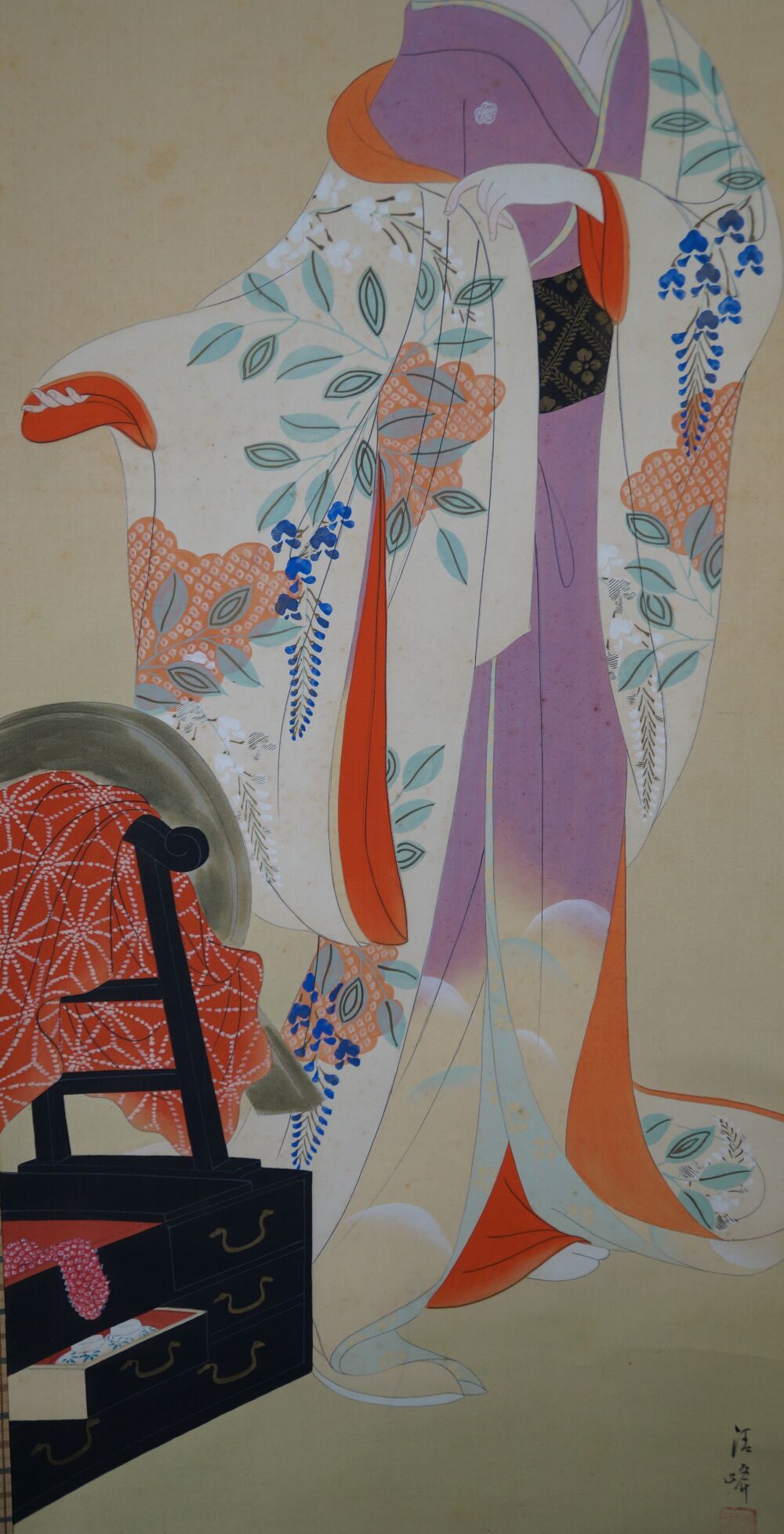 Additional view of the full motif with kimono cabinet, mirror stand and young woman in the kakemono Young Woman in Front of Her Kimono Cabinet, without mounting