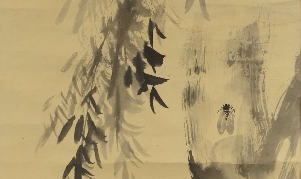 Kakemono von Kanō Osanobu: Weidenzweige mit fliegendem Insekt, in Tusche auf Seide.