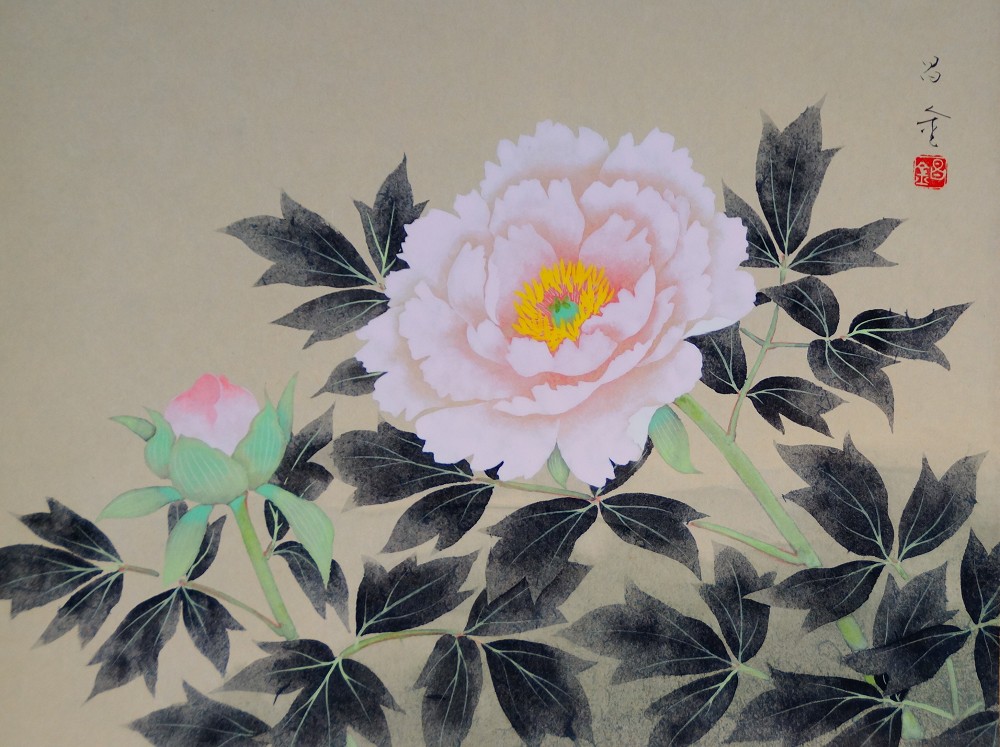 Full motif without mounting with peony, bud, and signature by Satomi Shokin
