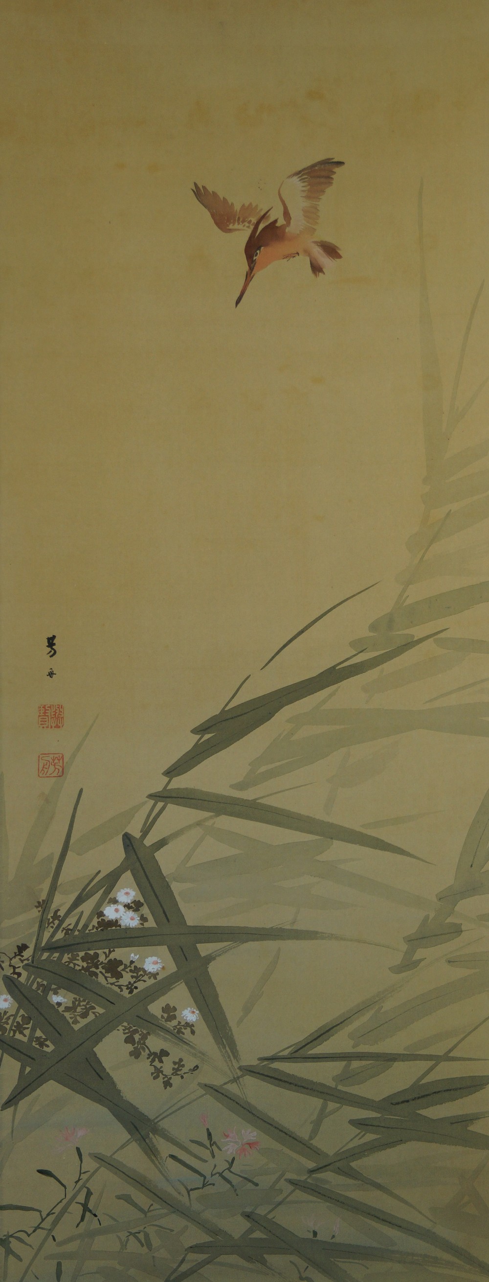 Painted motif kingfisher and reeds without mounting full motif without mounting