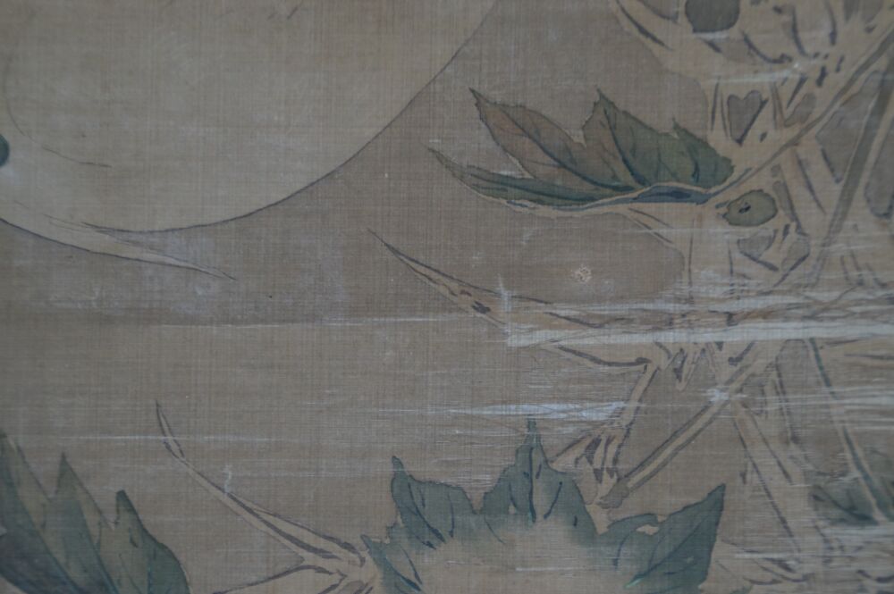 Further close-up of the foliage at the water's edge in the hanging scroll Heron in Silent Peony Splendor