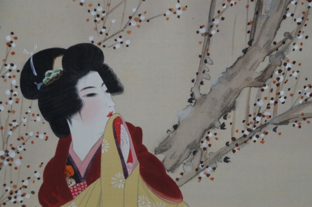 Close-up of the face and hairstyle of the lady in the Kakemono Lady in Kimono Under Blooming Plum Tree