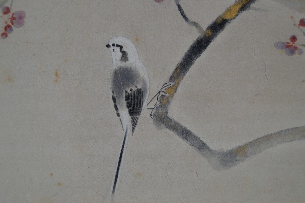Close-up of the bird on the gnarled plum branch in the hanging scroll Plum Blossoms in Quiet Morning Light by Tokuoka Shinsen
