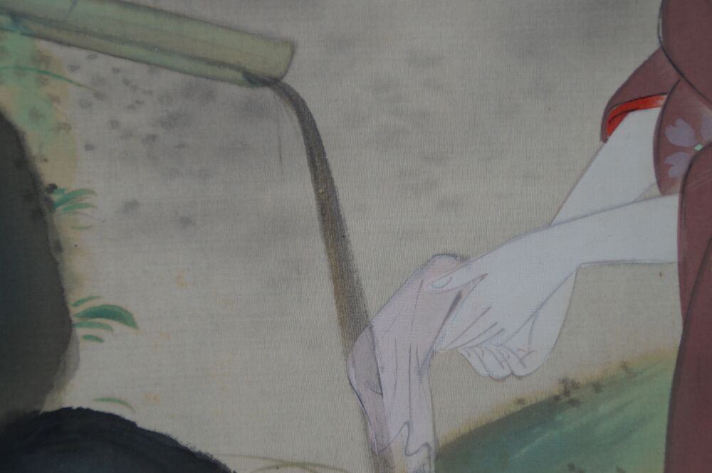Additional Detail View of Hand and Cloth at the Bamboo Water Spout with Moss-Covered Rock in the Kakemono Lady in Kimono at Garden Pond