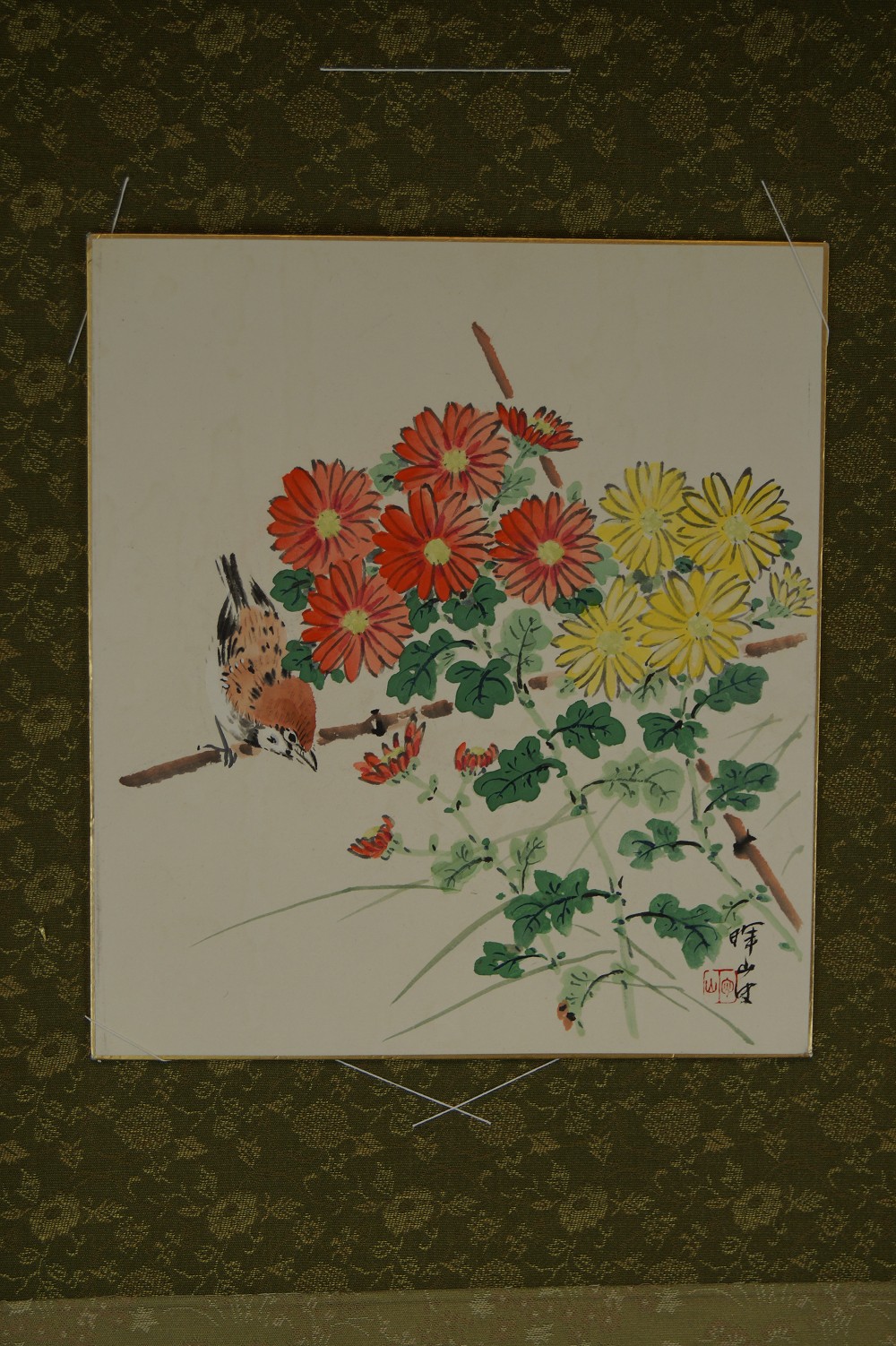 Shikishi Spatz und Chrysanthemen Shikishi in Einfassung