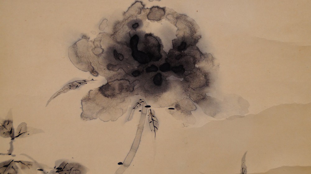 Further close-up of the delicate peony blossom in muted ink painting