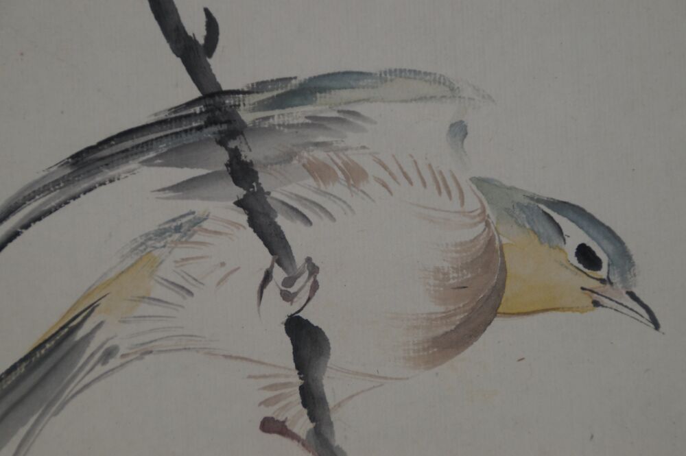 Detailansicht eines Kachō-ga-Gemäldes von Araki Kanpo mit einem Vogel auf einem Zweig.