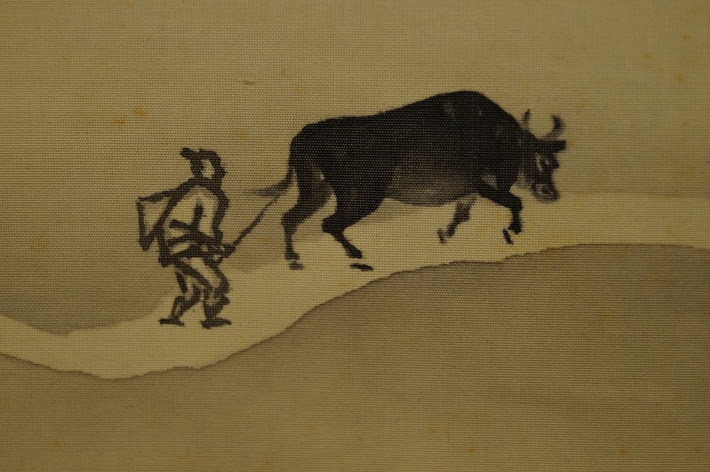 Japanisches Rollbild Landschaft Hirte und Ochse Motiv Nahaufnahme 2