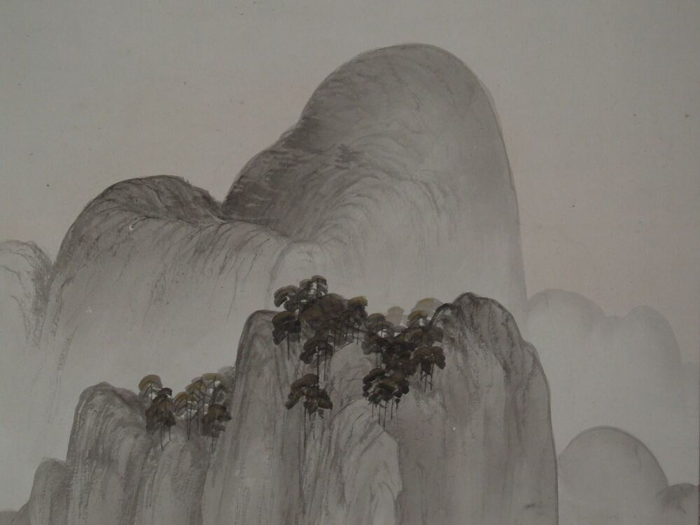 Detail view of the mountain pines on the rocky outcrop in the Kakemono Landscape with Pavilion
