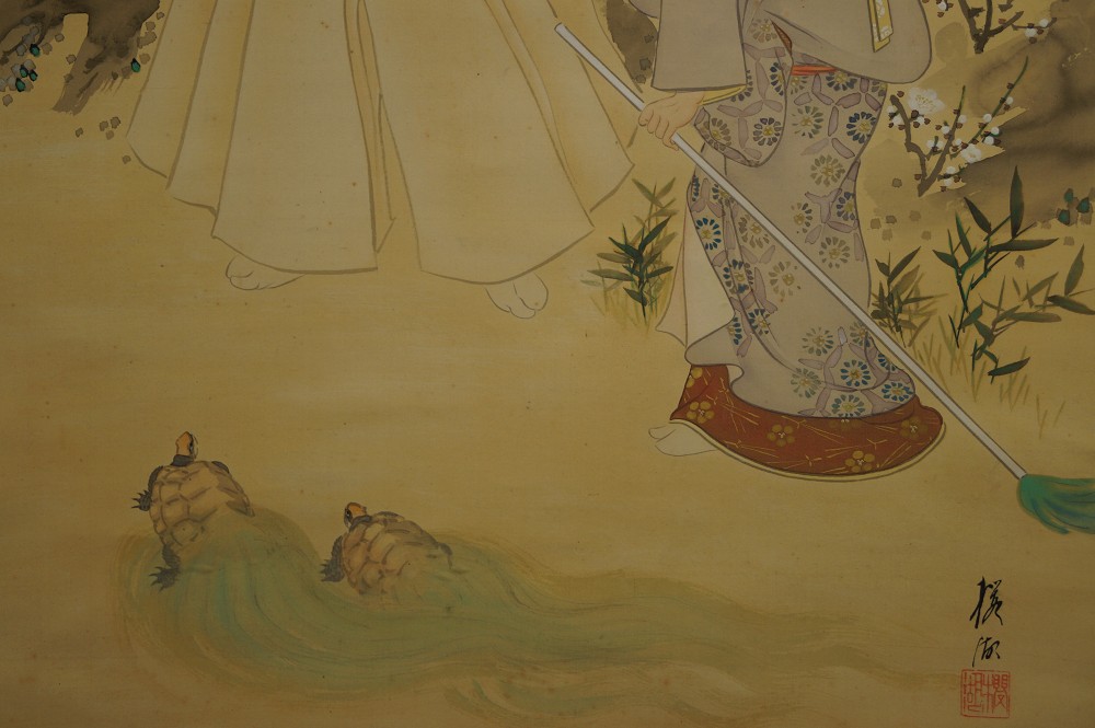 Kakemono Takasago legend turtle motif close-up