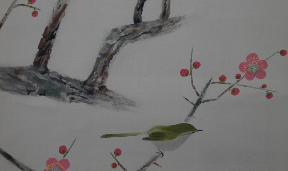 Kakemono by Nakamura Shundei: uguisu on a flowering plum branch.