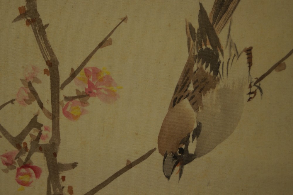Sparrows on a Plum Tree Branch Hanging Scroll Sparrow Close-Up