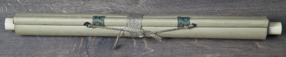 Rolled Up Kakemono Bodhidharma on the Path with Closure Band and Roller Ends