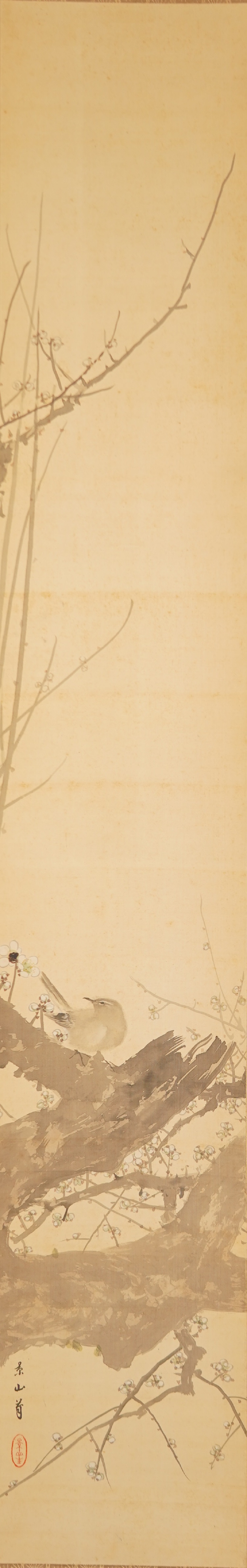 Full motif of the Kakemono Songbird on Blossoming Plum Tree with bird and plum branches, without mounting