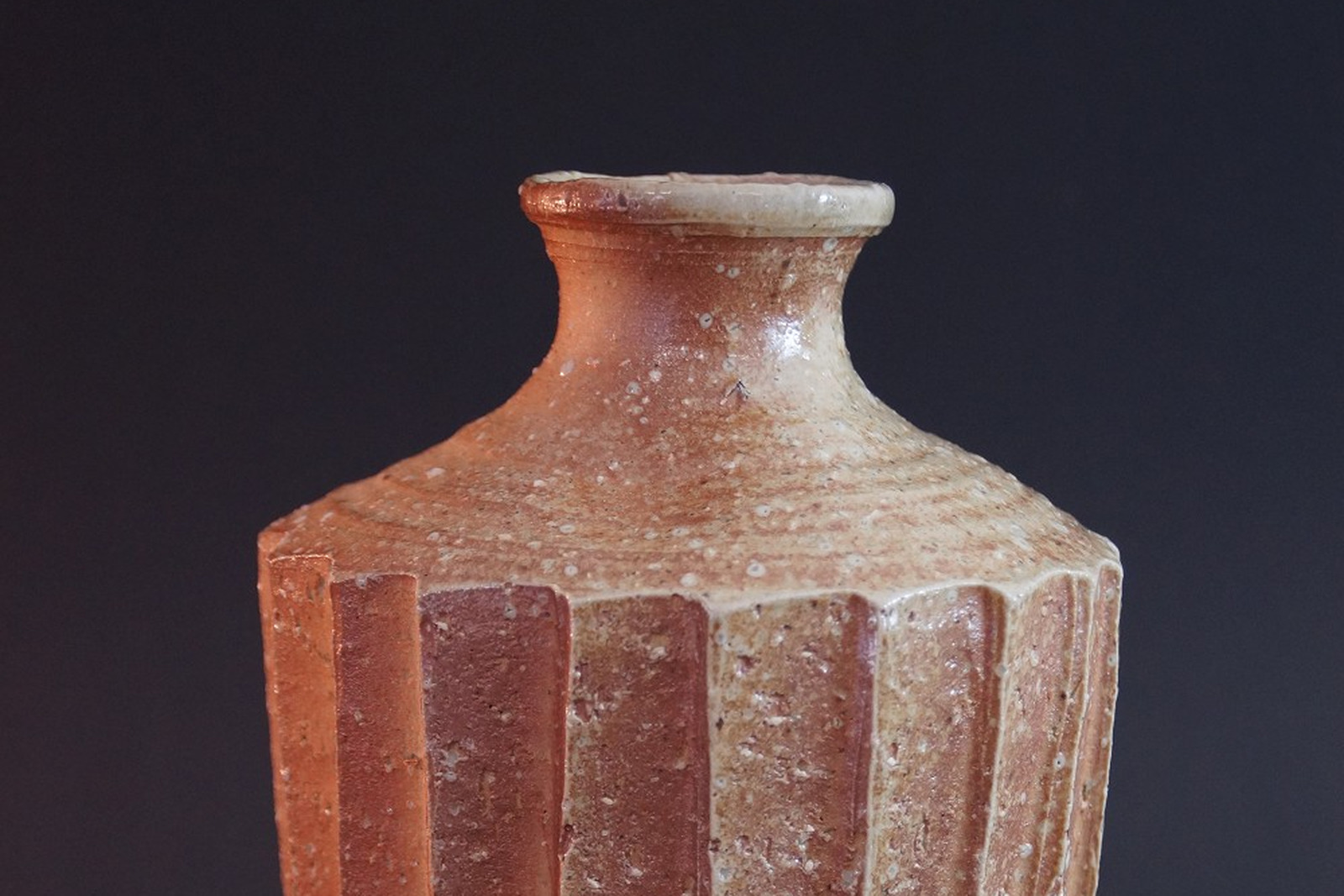 Handcrafted Shigaraki ware vase with vertical fluting, mouth and shoulder against a calm dark background