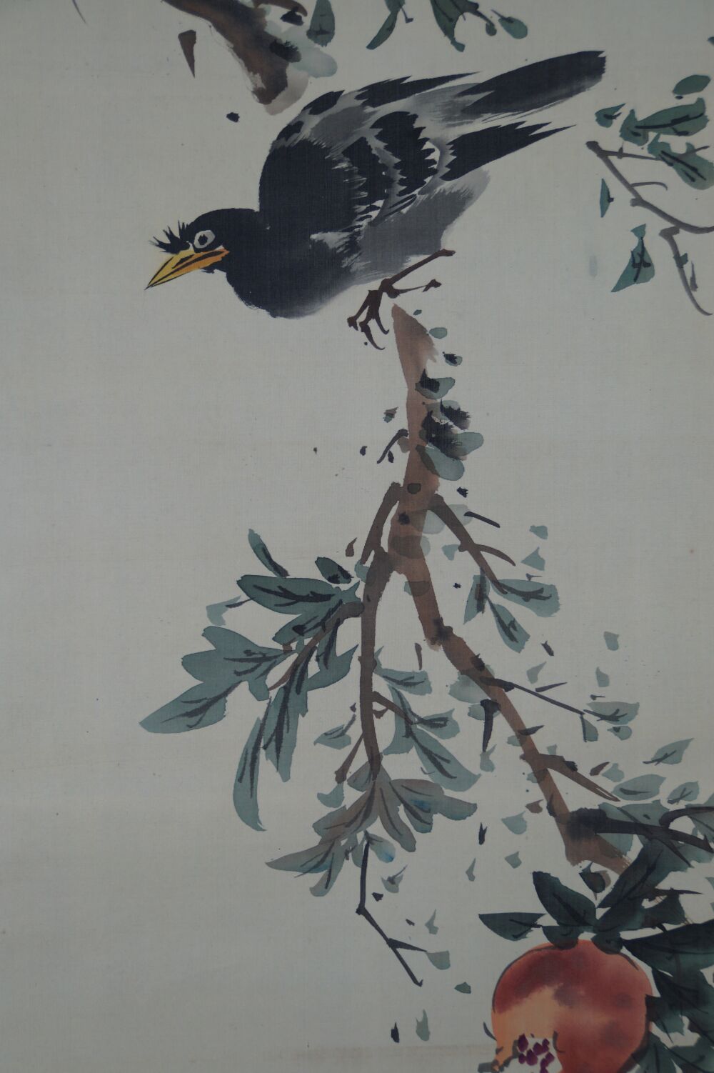 Full motif of the hanging scroll Pomegranate Branch and Starling with starling on branch and ripe pomegranate fruit, without mounting