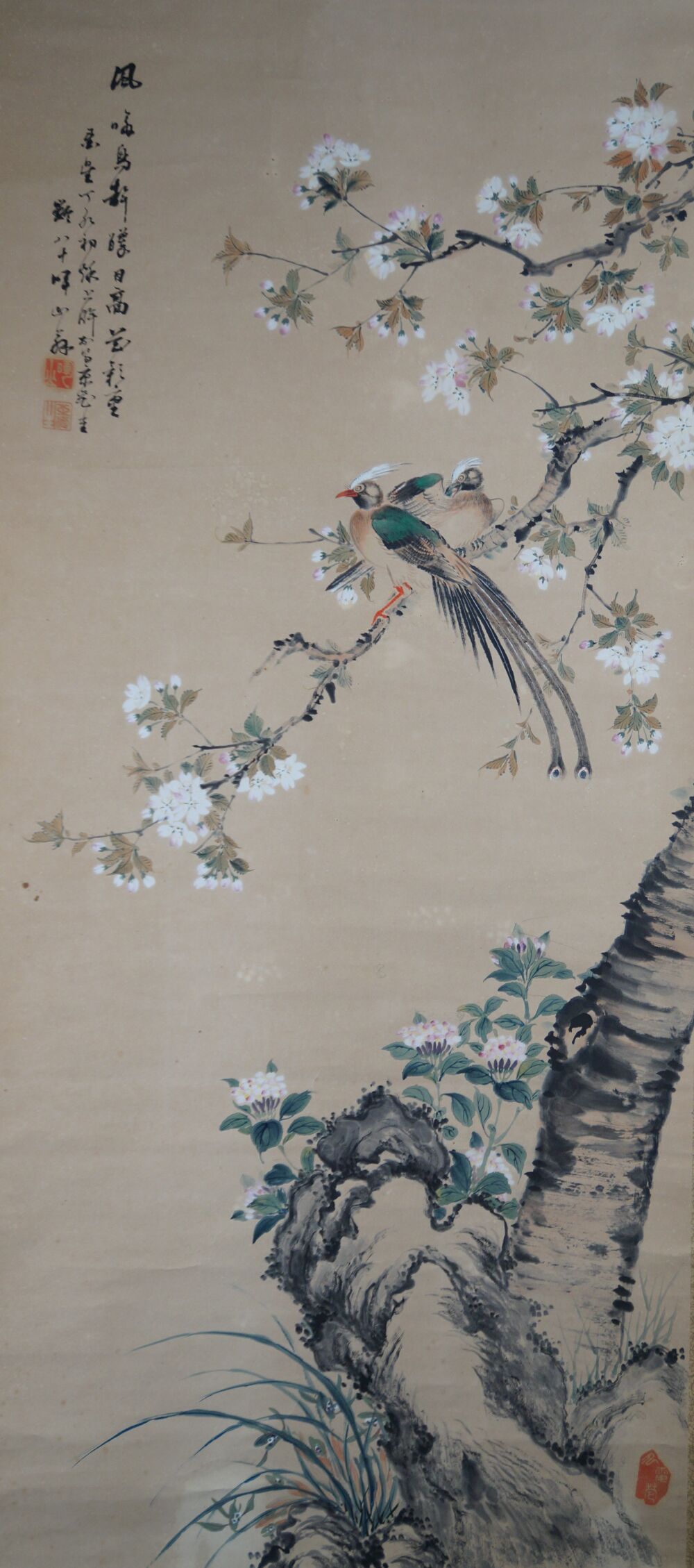 Further view of the birds, the poem, and the blossoming branch in the kakemono Spring Duet on Blossoming Branch, without mounting