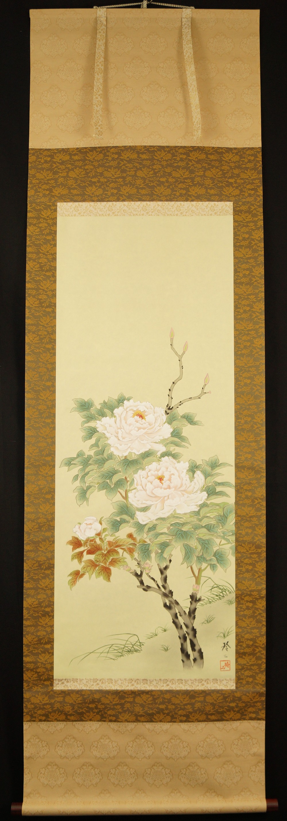 Peonies full view hanging scroll