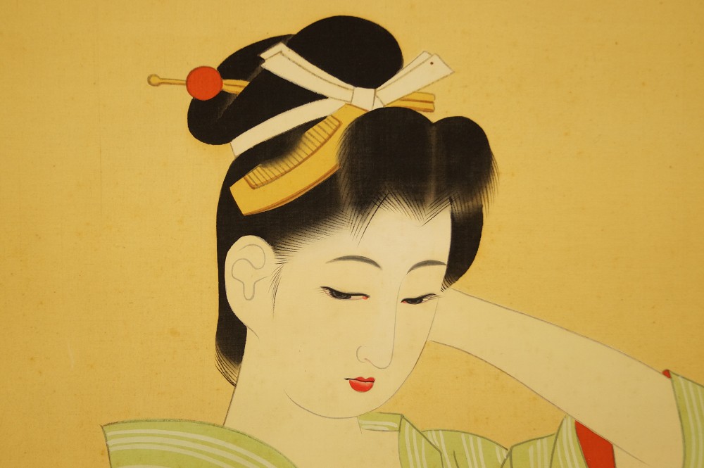 Lady in a Striped Kimono Face and Hairstyle Motif Close-Up