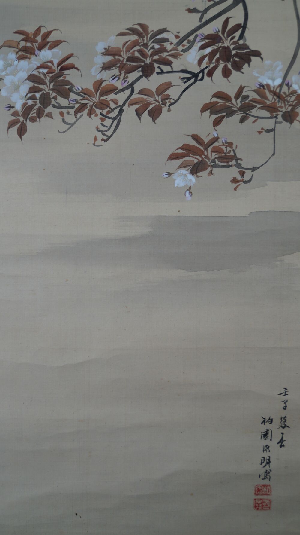 Full motif of the Kakemono Singing Bird on Cherry Blossom Branch with blooming branches and artist's signature, without mounting