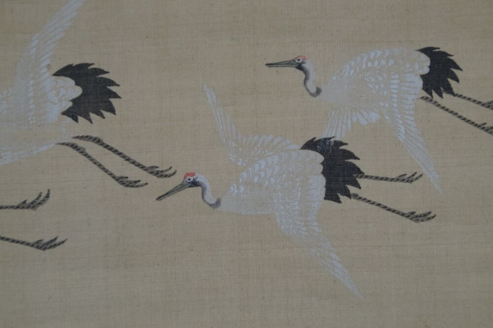 Further close-up of flying cranes in the kakemono Cranes in Flight over Bamboo