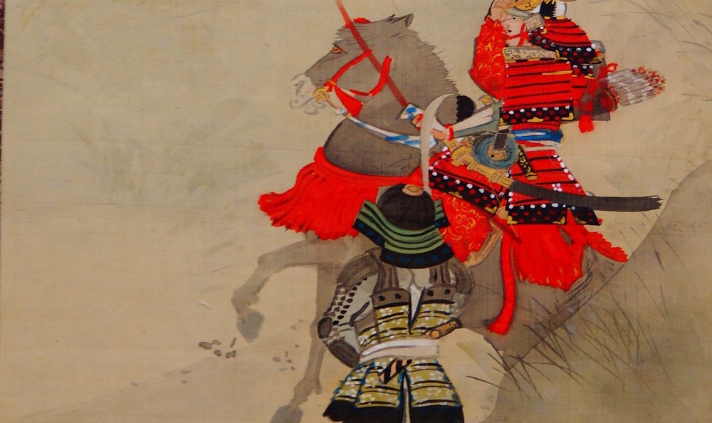 Kakemono by Kikuchi Yōsai: mounted samurai in red-laced armor with foot soldier