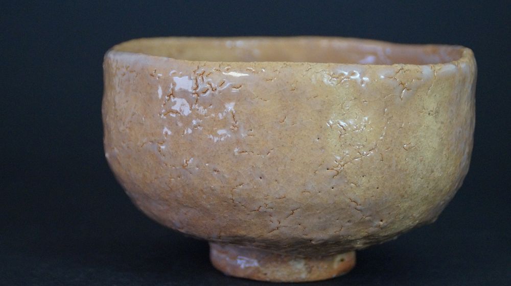 Further view of the chawan made of Hagi ware with finely crackled glaze surface