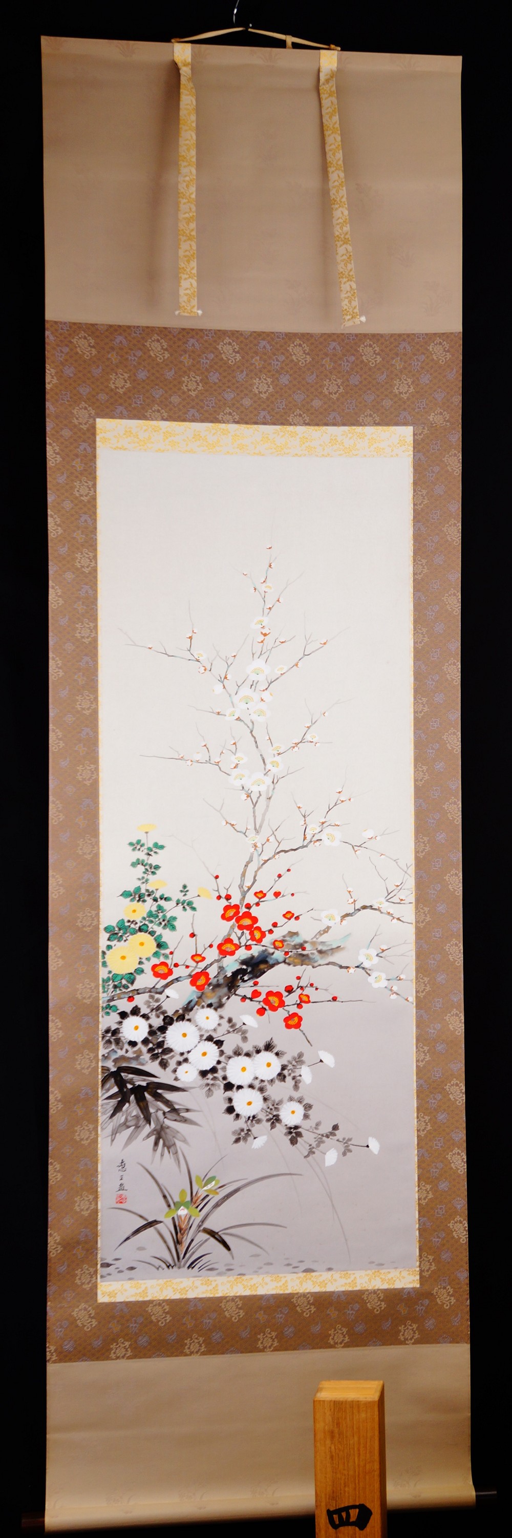 The Four Noble Plants as Kakemono by Endo Keizo in Full View with Brocade-Decorated Border Mounting