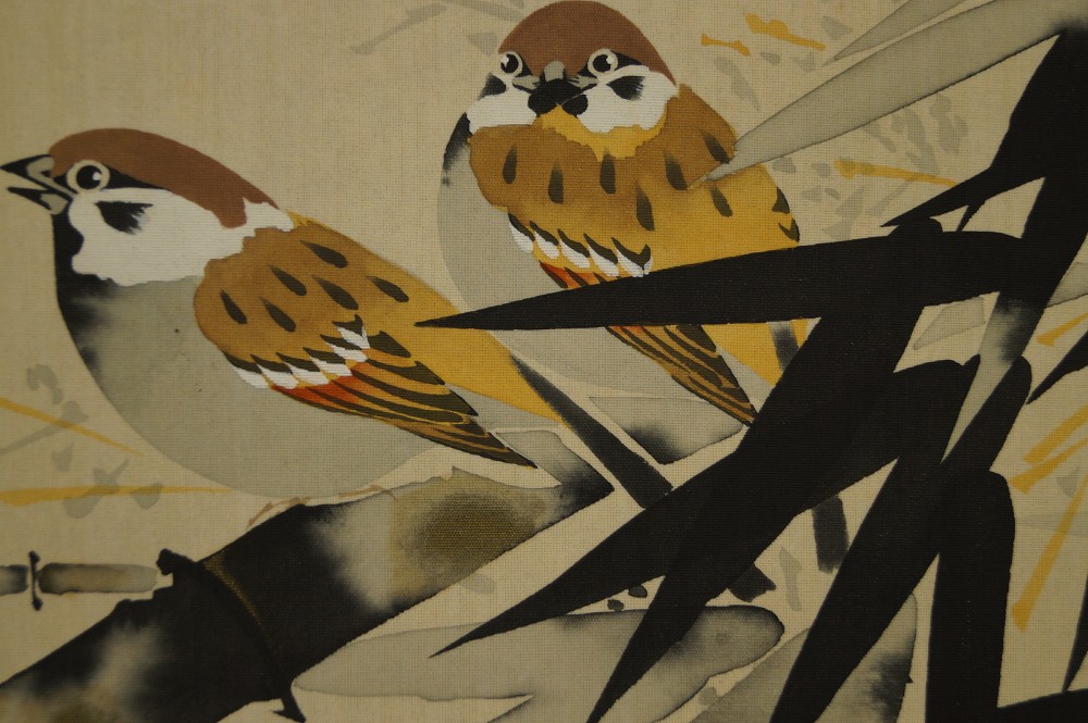 Two sparrows on a bamboo branch motif close-up 4