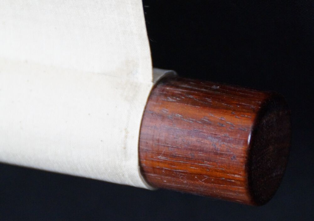 Detail View of the Scroll End with Dark Red Wooden Knob and Cream-Colored Silk of the Kakemono Singing Bird in Cherry Blossom Branch