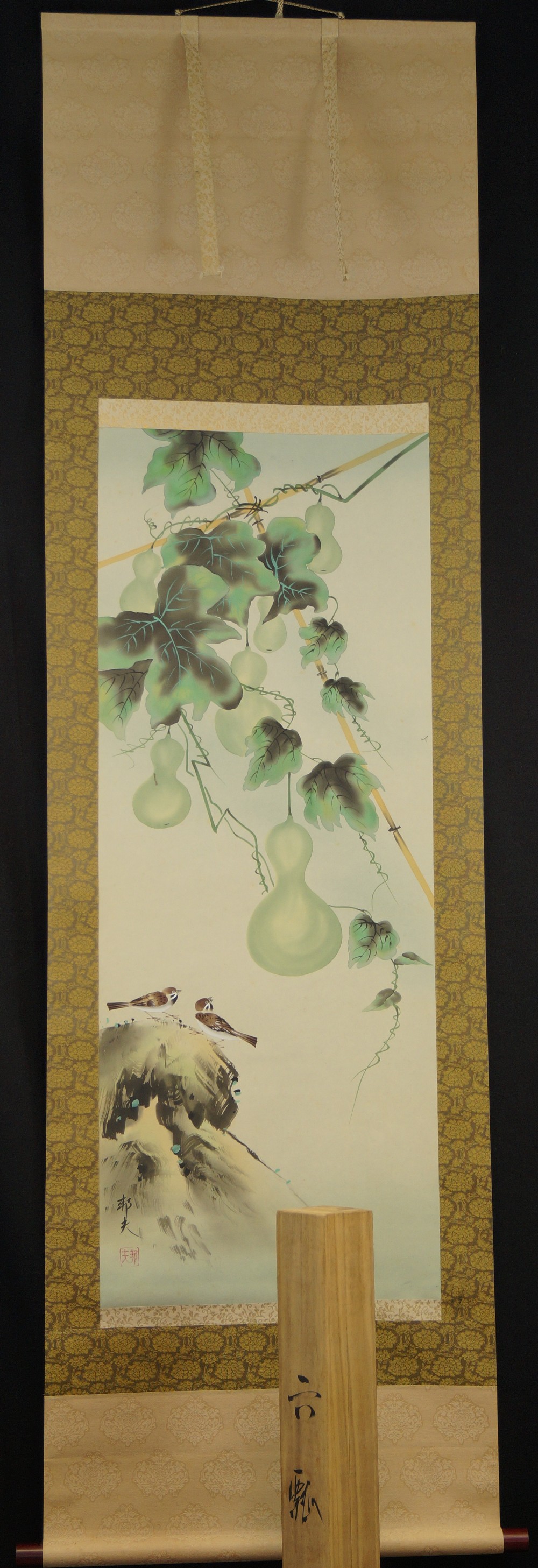 Japanese Hanging Scroll Gourd Vine with Sparrows Full View