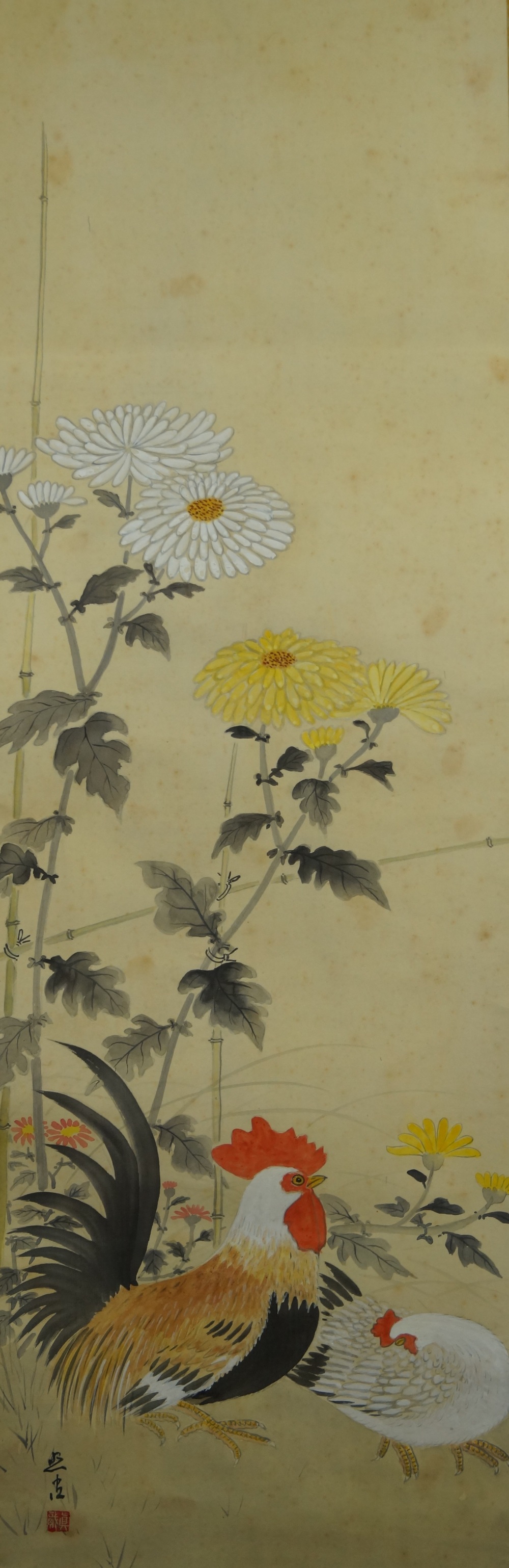 Huehner und Chrysanthemen Gesamtmotiv ohne Rahmung
