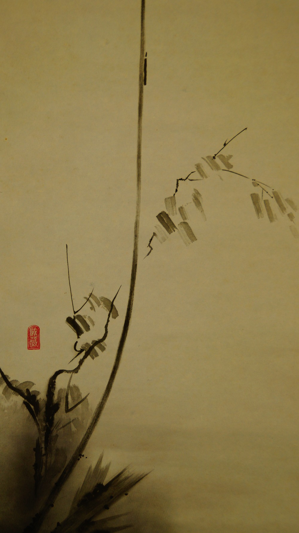 In the manner of Musashi bird on a branch seal close-up